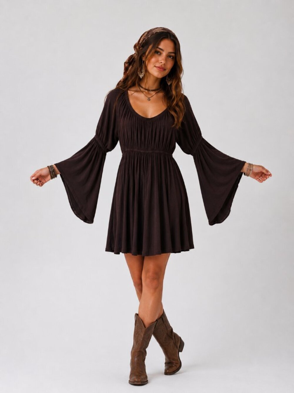 Vintage Y2K Brown Dress Mini Whimsigoth Festival Cottagecore Retro Witchy XS